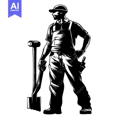 Premium design asset: Black and White Illustration of a Construction Worker with a Sledgeham