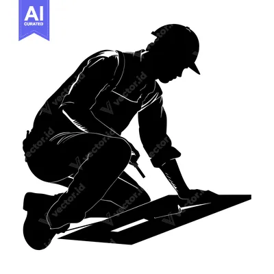 Popular premium asset: Silhouette of a construction worker kneeling on a roof with a tool in