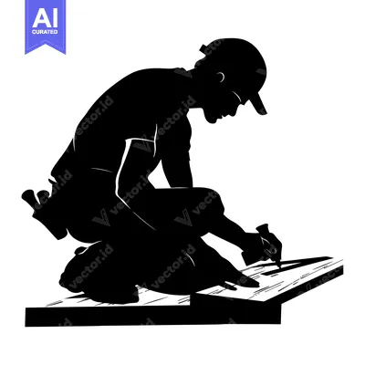 Popular premium asset: Silhouette of a Construction Worker Kneeling and Using a Tool on Wood