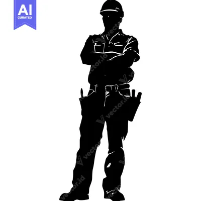 Aset desain premium: Silhouette of a Construction Worker with Tools and Hard Hat