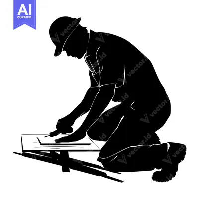 Aset desain premium: Silhouette of a construction worker kneeling on a platform, using a to