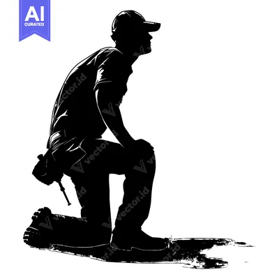 Aset premium populer: Silhouette of a Man Kneeling with a Tool Belt and Hat