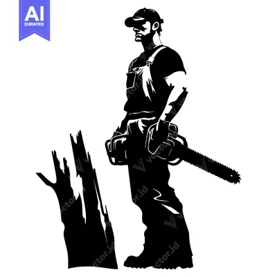 Premium design asset: Silhouette of a Lumberjack Holding a Chainsaw Near a Cut Tree Stump