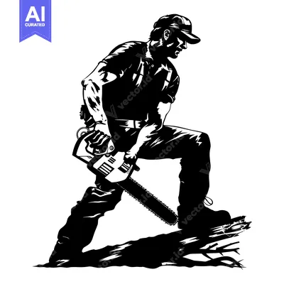 Aset desain premium: Silhouette of a Lumberjack with a Chainsaw Standing on a Fallen Tree