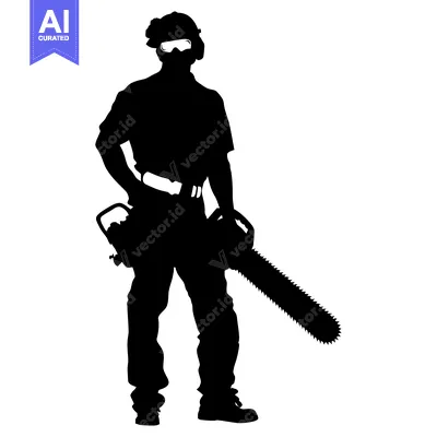 Aset desain premium: Silhouette of a man in safety gear holding a chainsaw