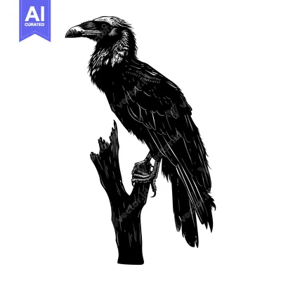 Aset desain premium: Black and White Silhouette of a Raven Perched on a Branch