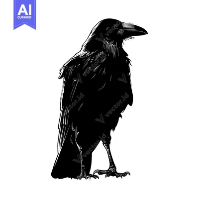 Aset desain premium: Black and White Illustration of a Standing Raven