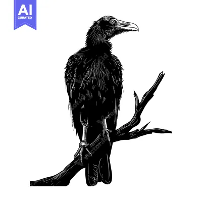 Aset desain premium: Black and white illustration of a raven perched on a branch