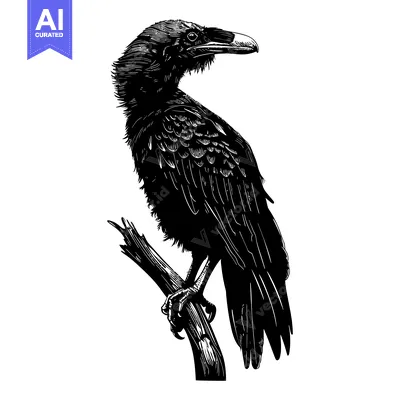 Aset premium populer: Black and white illustration of a raven perched on a branch