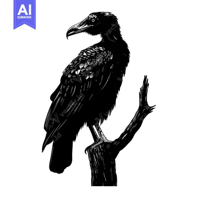 Aset desain premium: Black and White Illustration of a Raven Perched on a Branch