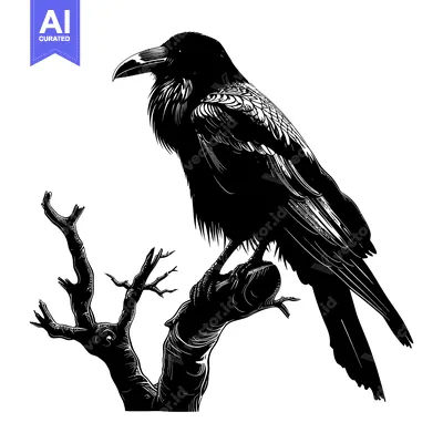 Popular premium asset: Black and White Illustration of a Raven Perched on a Branch