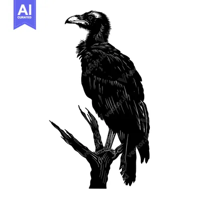 Aset desain premium: Black and White Silhouette of a Vulture Perched on a Branch