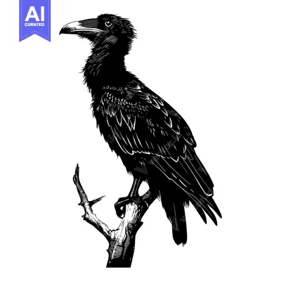 Aset premium populer: Black and White Illustration of a Crow Perched on a Branch