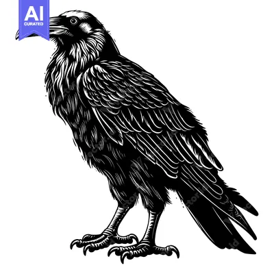 Aset premium populer: Black and White Illustration of a Raven with Detailed Feathers