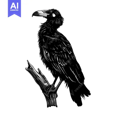 Aset desain premium: Black and White Illustration of a Bird Perched on a Branch