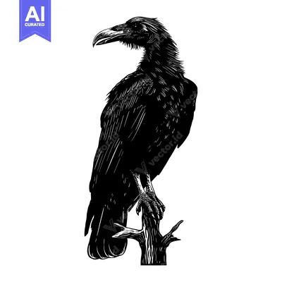 Aset premium populer: Black and White Illustration of a Raven Perched on a Branch