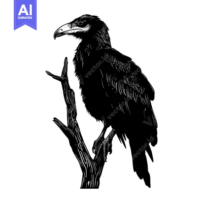 Aset premium populer: Black and White Illustration of a Crow Perched on a Branch