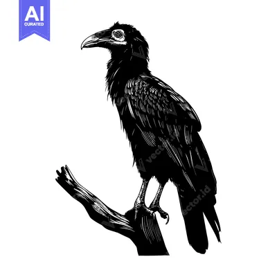 Premium design asset: Black and White Illustration of a Raven Perched on a Branch