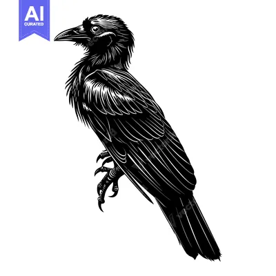 Aset desain premium: A Black and White Silhouette of a Raven Perched with One Claw Extended