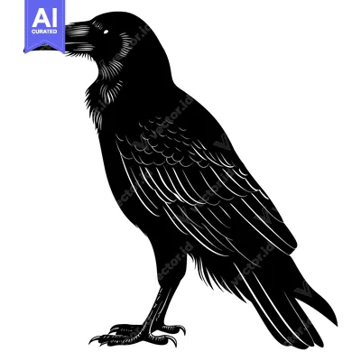 Aset desain premium: Black and White Silhouette of a Raven Standing on the Ground