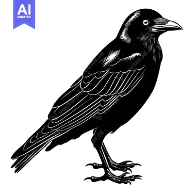 Aset desain premium: Black and White Illustration of a Crow in Profile