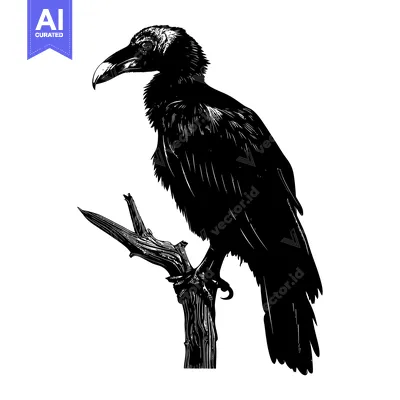 Aset premium populer: Black and White Illustration of a Raven Perched on a Branch