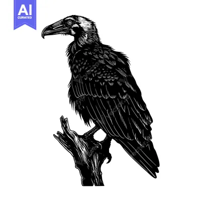 Aset premium populer: Black and White Illustration of a Bird of Prey Perched on a Branch