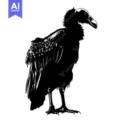 Black and white silhouette of a vulture standing on a white background