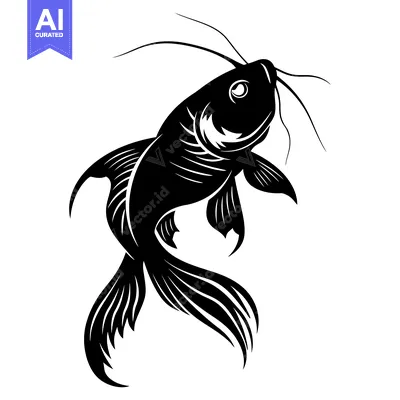Aset desain premium: Black and White Silhouette of a Fish with Long Fins