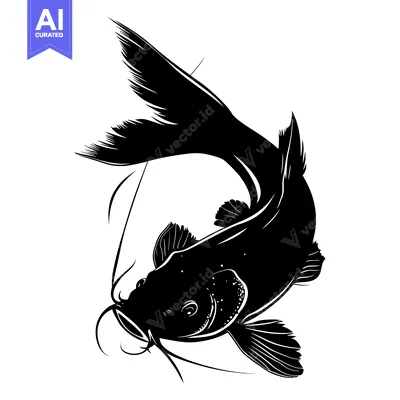 Aset desain premium: Black and White Silhouette of a Catfish with a Curved Tail