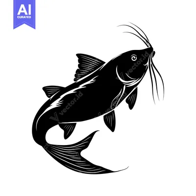 Aset desain premium: Black and White Silhouette of a Catfish with Barbels