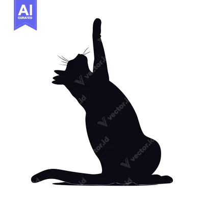 Black Cat Silhouette Stretching Upwards with Paw Raised