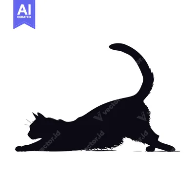 Black Cat Silhouette Stretching on White Background