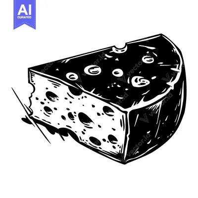 Aset premium populer: A wedge of Swiss cheese with large holes, black and white illustration