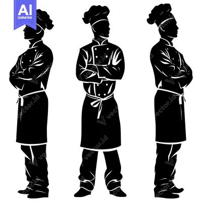 Aset desain premium: Three Black Silhouettes of Chefs with Arms Crossed