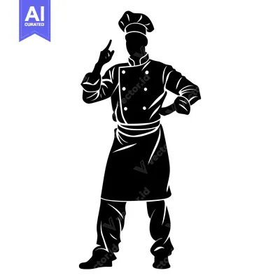Aset premium populer: Black and White Silhouette of a Chef in a Chef's Hat Pointing Upwards
