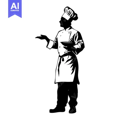 Premium design asset: Black and White Silhouette of a Chef Holding a Bowl and Presenting wit