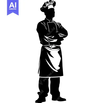 Popular premium asset: Silhouette of a chef with arms crossed, wearing a tall hat and apron
