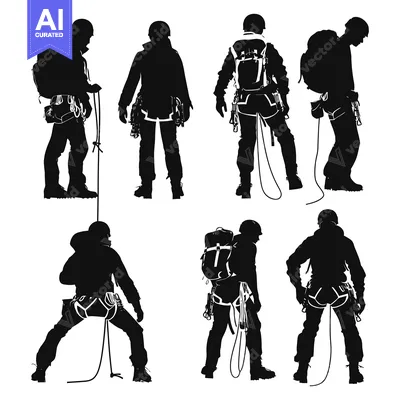 Aset desain premium: Six Silhouettes of Climbers in Mountain Climbing Gear