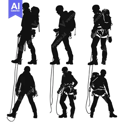 Silhouettes of Six Climbers with Ropes and Gear