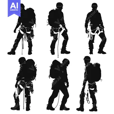 Aset premium populer: Six Silhouettes of Climbers with Backpacks and Gear