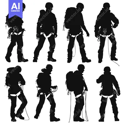 Silhouettes of Six Climbers with Gear and Ropes