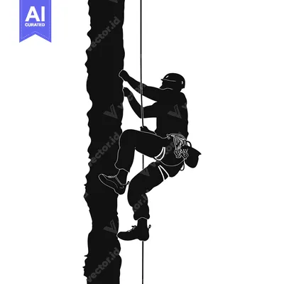 Aset desain premium: Silhouette of a Rock Climber Ascending a Vertical Cliff