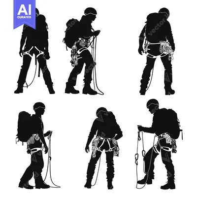 Aset desain premium: Silhouettes of Six Climbers with Gear and Ropes