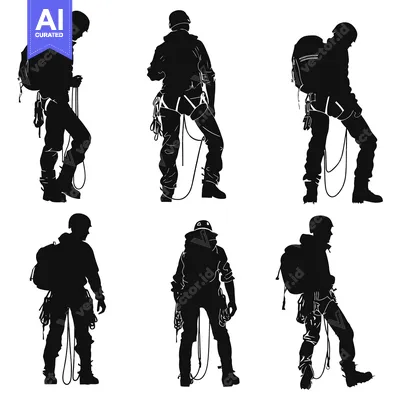 Aset premium populer: Black Silhouettes of Climbers with Equipment and Backpacks