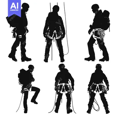 Silhouettes of Climbers with Backpacks and Equipment