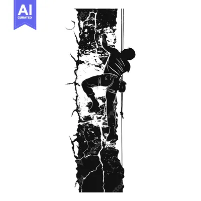 Aset desain premium: Silhouette of a Rock Climber Ascending a Vertical Cliff Face