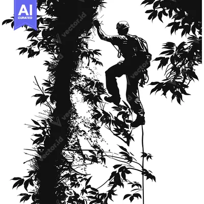Aset premium populer: A Silhouette of a Climber Ascending a Tree with Lush Foliage