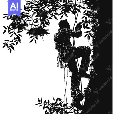 Popular premium asset: Silhouette of a Climber Ascending a Rock Face with Lush Foliage Overhe