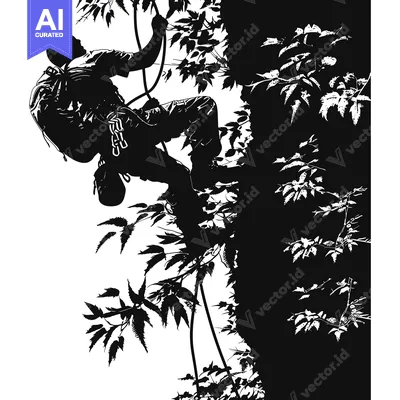 Aset desain premium: Silhouette of a Climber Ascending a Cliff Face with a Backpack and Rop